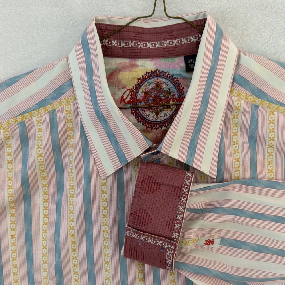Robert Graham Mens 3XLB Striped Embroidered Cotton Silk Long Sleeve Button Shirt